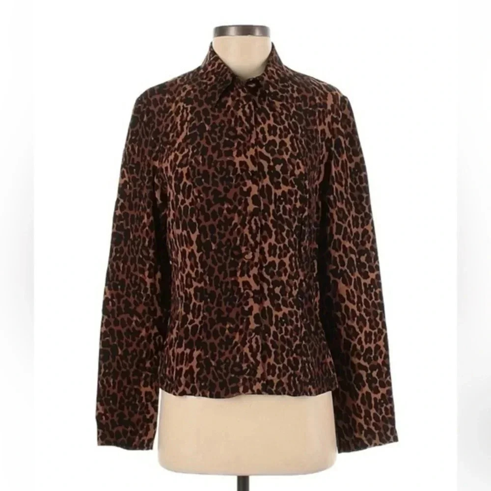 Vintage Betsey Johnson 90โs Black Brown Leopard Print Button Down Blouse Size 8